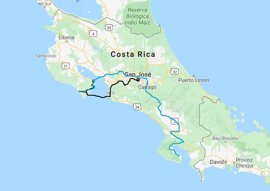 Travelroute in Costa Rica